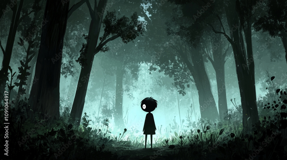 Fototapeta premium person standing alone in a dense, dark forest, looking around with wide, scared eyes