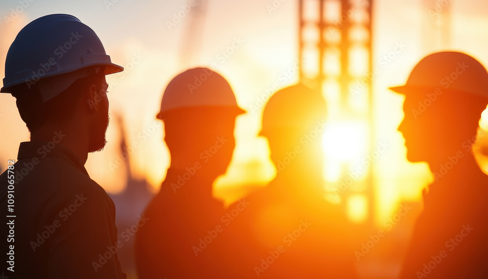 Engineers discussing project details during sunset, showcasing teamwork and collaboration in construction environment. Industrial workers in a factory and teamwork concept. Engineers discussing project details during sunset, showcasing teamwork and collaboration in construction environment. Industrial workers in a factory and teamwork concept.
