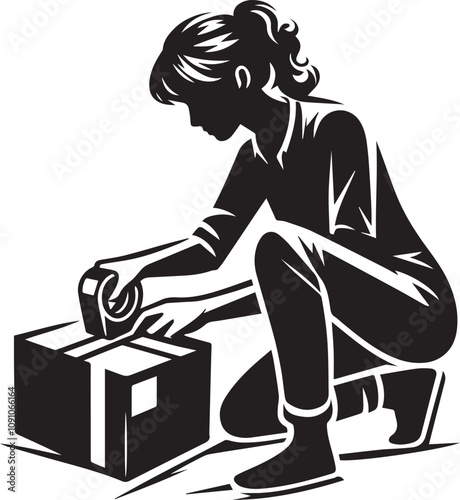 Man Secures Cardboard Box with Packing Tape. A black and white illustration of a person in business attire meticulously sealing a cardboard box with packing tape.