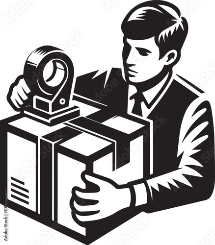 Man Secures Cardboard Box with Packing Tape. A black and white illustration of a person in business attire meticulously sealing a cardboard box with packing tape.