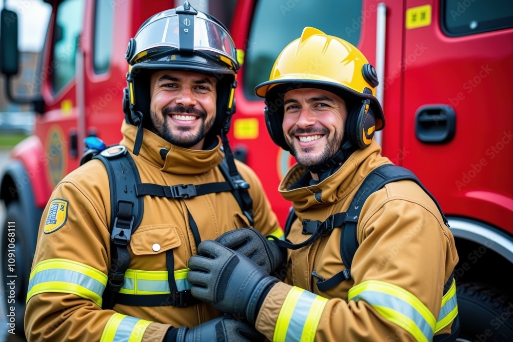 Fototapeta premium Two Joyful Firefighters in Front of Red Truck, Ready for Action, Perfect for Motivational Posters and Team Building