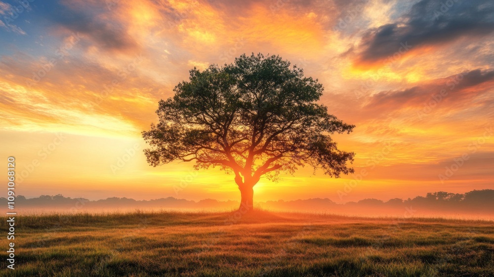 Fototapeta premium A large tree stands in a field with a beautiful sunset in the background