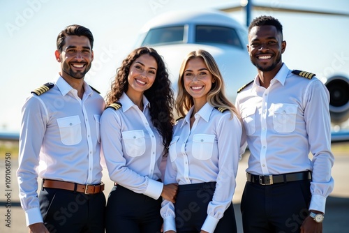 Professional Pilot Team Posing in Front of Airplane, Perfect for Aviation and Airline Industry Promotions, Recruitment, and Team Building photo