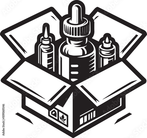 Open Box Filled with Supplements and Other Items. A stylized illustration of an open box overflowing with various items, including a supplement bottle, pills/capsules, and possible herbs.