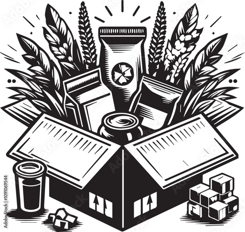 Open Box Filled with Supplements and Other Items. A stylized illustration of an open box overflowing with various items, including a supplement bottle, pills/capsules, and possible herbs.