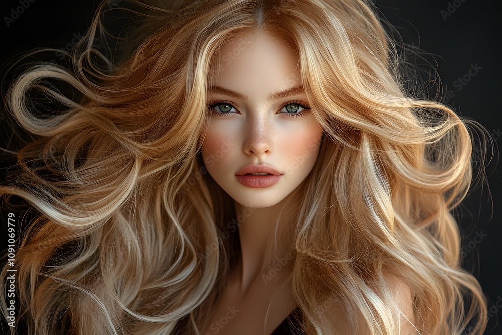 Fototapeta premium Young woman with long wavy blonde hair on a black background.