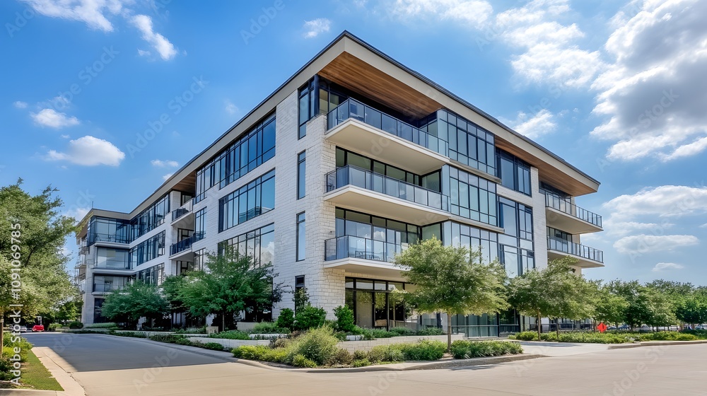 Fototapeta premium A photo of an office building in San Diego, with white and gray exterior colors, rectangular windows on the side, with glass panes