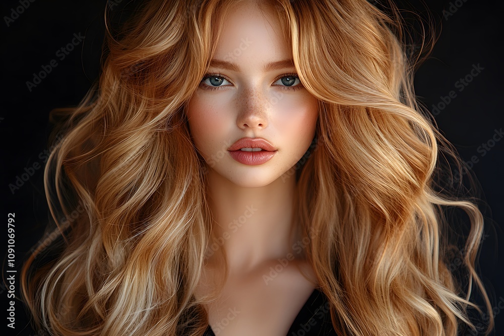 Fototapeta premium Young woman with long wavy blonde hair in a black dress.