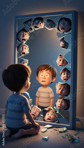 Child looking at a fractured mirror, concept of self doubt and identity crisis. photo