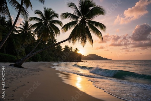 Stunning Tropical Beach Sunrise with Lush Coconut Palms and Gentle Ocean Waves