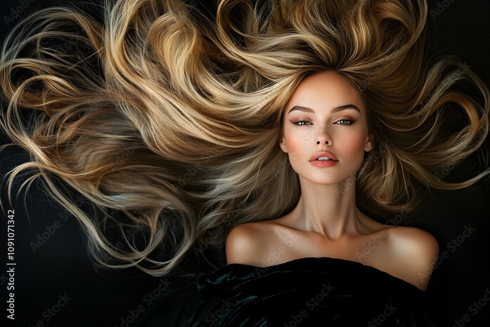 Fototapeta premium A young woman with long, wavy blonde hair flowing around her, giving a sense of movement and drama. 