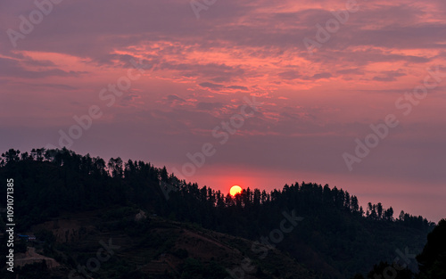 Landscape view of Sunrise over the Mountain in Nepal. photo