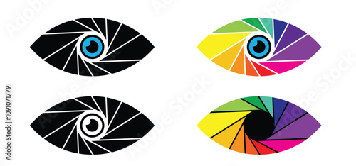 Cartoon aperture eye logo. Shutter aperture in eye icon or pictogram. For Camera zoom objective or lens. Shutter camera aperture lens set. Photography circle open diaphragm. photo camera concept.