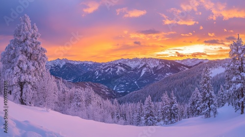 A winter sunset over snow-covered mountains, the sky glowing with vibrant oranges and purples as the snow sparkles under the fading light