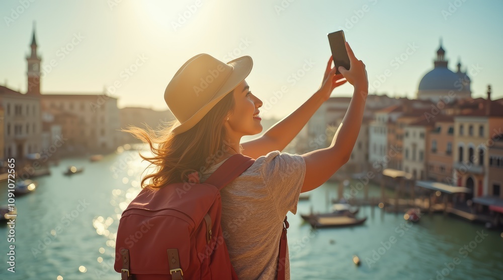 Fototapeta premium Exploring Venice Carnival: A Young Native Woman Enjoys a Selfie Capturing the Magic of Gondolas, Canals, and Love in Europe.