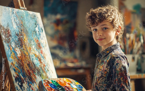 Portrait of a Creative Young Boy in an Art Studio