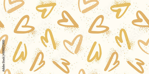Golden hearts seamless pattern in a rough brush strokes style with splayed paint texture. Romantic modern print design. Vector illustration.
