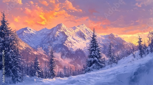 The mountain range covered in fresh snow, bathed in the warm light of the setting sun. The sky is painted in rich colors, creating a tranquil winter scene