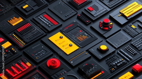 A collection of abstract panels with various controls and displays in red, yellow, and black. photo
