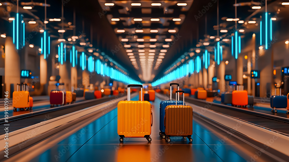 Fototapeta premium Two brightly colored suitcases sit on a baggage claim conveyor belt in a modern, illuminated airport setting, emphasizing travel and adventure. 