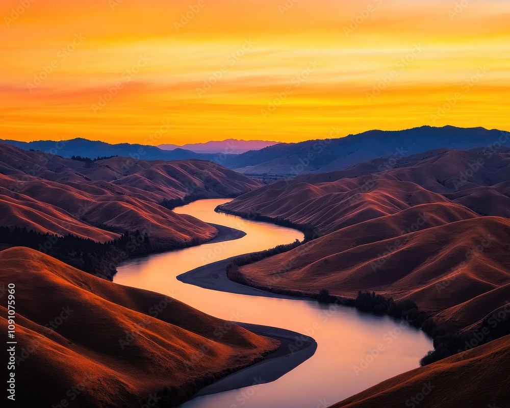 Fototapeta premium Breathtaking sunset over meandering river serene landscape nature scenic view