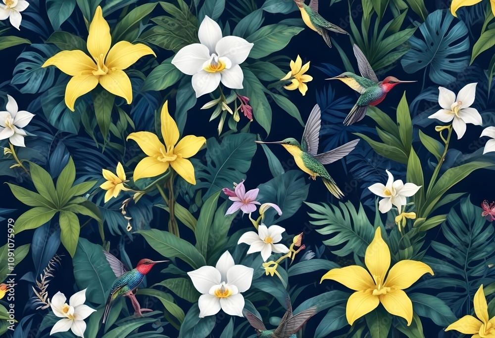 Tropical exotic pattern with animal and flowers in bright colors and lush vegetationn Tropical exotic pattern with animal and flowers in bright colors and lush vegetationn