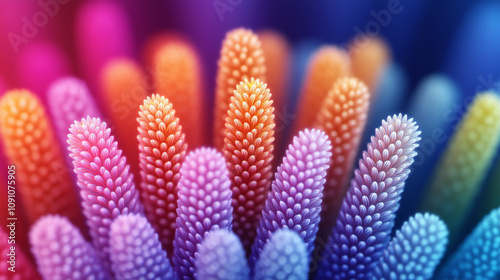 Rainbow Flora: A vibrant close-up of colorful, stylized plant structures, reminiscent of coral or flowers, bathed in a spectrum of neon hues.  The image is digitally created. photo