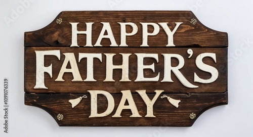 happy fathers day lettering on medieval ancient sign wooden board on plain white background photo