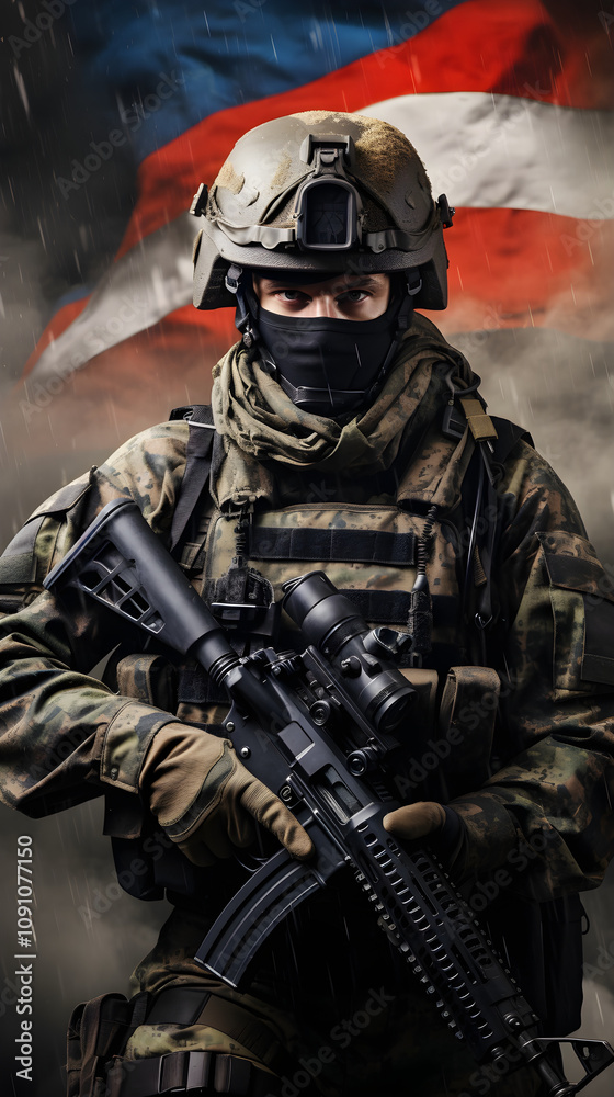 Naklejka premium Military Soldier in Combat Gear Holding Rifle with Flag Background