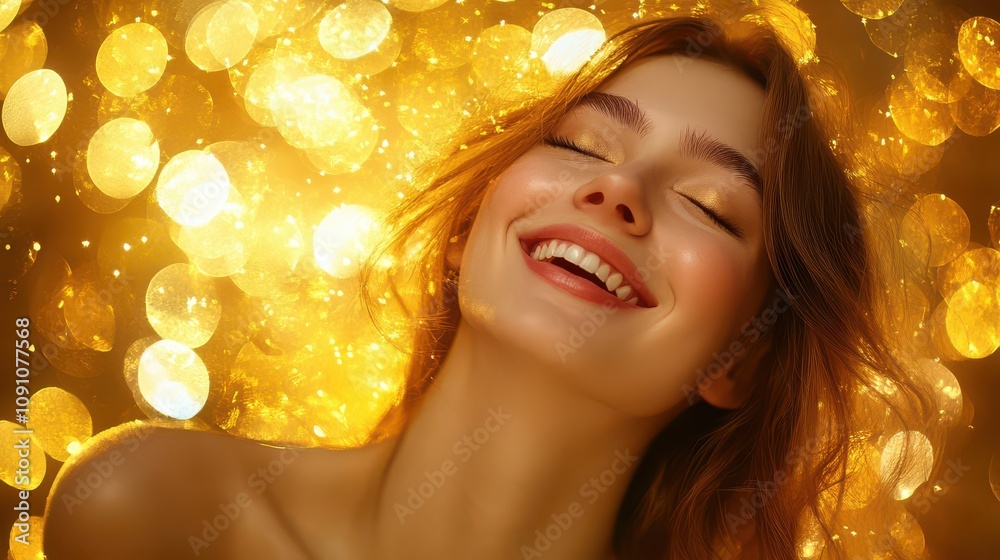 Fototapeta premium Golden Lights Illuminate a Woman's Joyful Smile in a Radiant, Abstract Background
