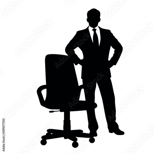 A man in a suit stands in front of a chair. The chair is empty. The man is wearing a tie