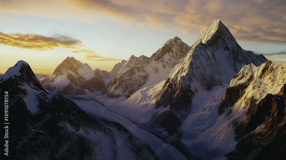 Obraz premium High mountains with sharp summits in snow at sunset with fluffy clouds in the sky.