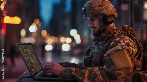 A soldier works on his laptop. photo