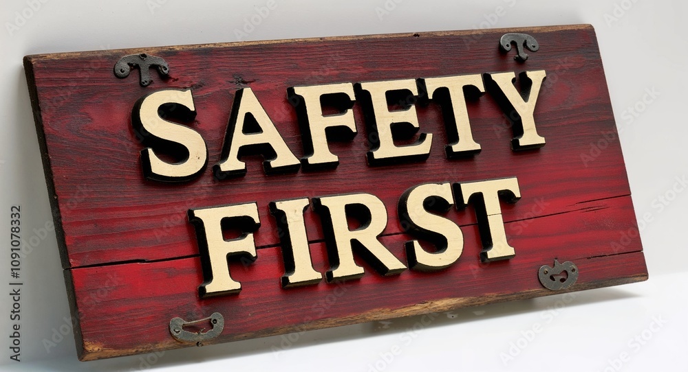 Obraz premium safety first lettering on medieval ancient sign wooden board on plain white background