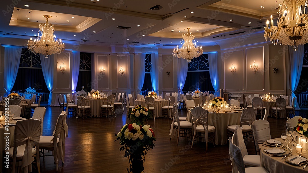 Fototapeta premium Wedding reception hall beautifully decorated with elegant lighting, chandeliers, and floral arrangements.