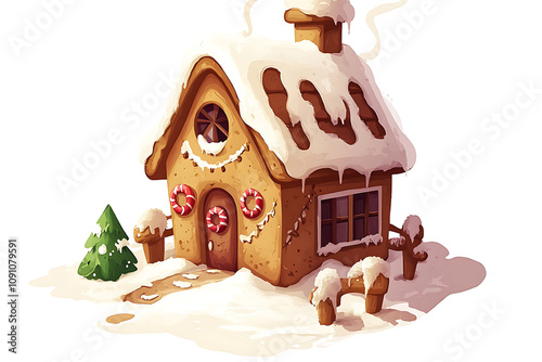 A whimsical gingerbread house covered in snow, complete with candy decorations and a tree.