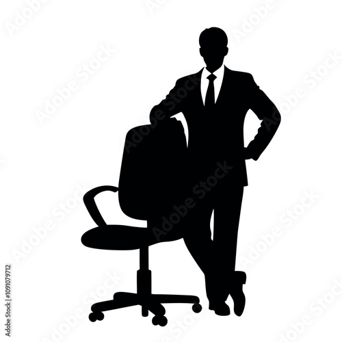 A man in a suit stands in front of a chair. The chair is empty. The man is wearing a tie