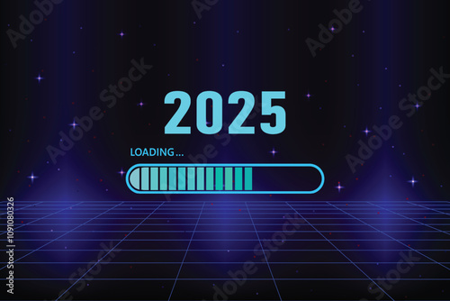 Blue loading bar step to 2025 on dark blue background. New Year concept