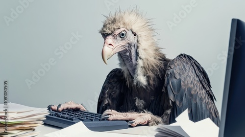 A whimsical scene featuring a vulture typing at a computer desk, surrounded by papers, creating a humorous and surreal work environment in a modern office setting. photo