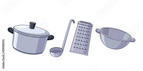 Saucepan with lid, colander, soup ladle spoon, kitchen grater isolated steel cooking utensils set