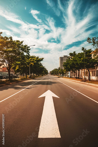 An open urban road with trees lining the edge, an arrow pointing the way.