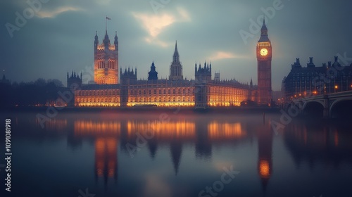 Nighttime View of Illuminated Palace and Clock Tower Reflected on Serene Water