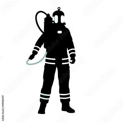 A man in a black suit with a helmet and a hose. He is wearing a black suit and a helmet