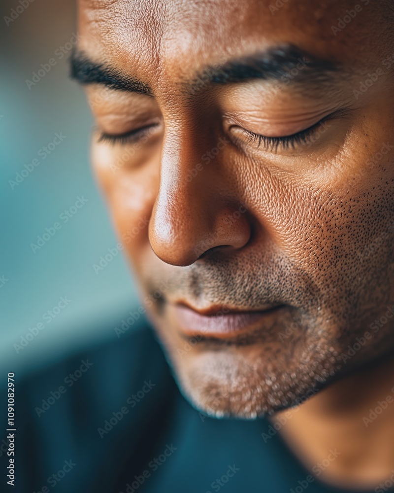 Obraz premium A close-up portrait of a man with closed eyes, showing calm and serenity.