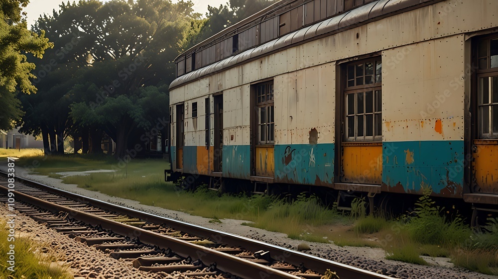 Obraz premium Vintage train on old railway tracks surrounded by greenery, evoking nostalgia and charm for a classic background
