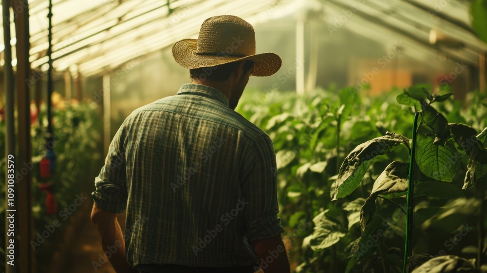 Obraz premium Farmer in a Greenhouse Walking Among Lush Green Plants in a Natural Environment During Daylight Hours with Sunlight Filtering Through Glass Panels