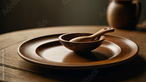 Wooden spoon and plate wooden salad plate and spoon on brown table background, photo