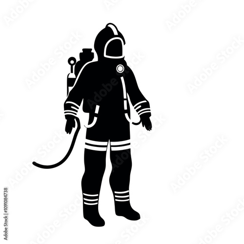 A man in a black suit with a helmet and a hose. He is wearing a black suit and a helmet