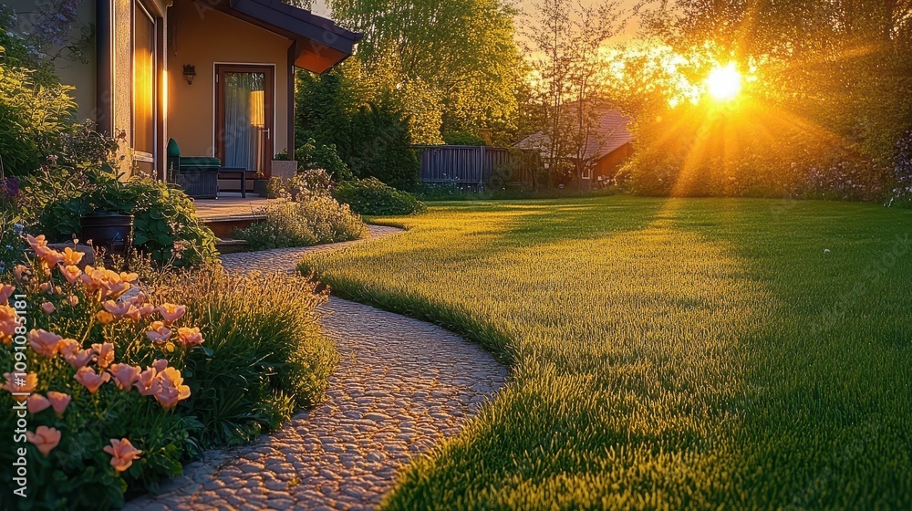 Fototapeta premium Sunset Illuminates Serene Garden Path, Lush Green Lawn, and Charming House Exterior with Vibrant Blooms.