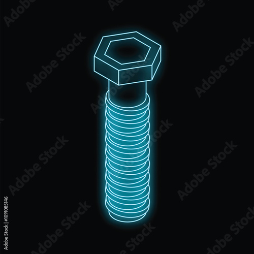 Neon blue isometric screw glowing on black background